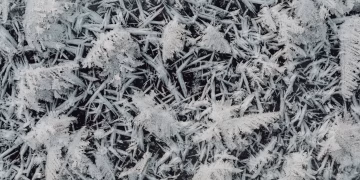 Detailed close-up of frost and ice formations on glass with a winter theme.