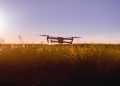 A drone flies over a field during sunset, capturing stunning aerial views.
