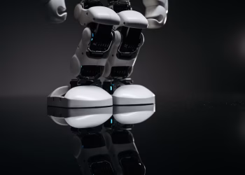 Close-up of robotic legs reflecting on a glossy surface in a studio setting.