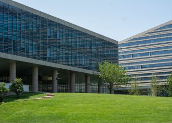 Contemporary glass office building surrounded by lush green grass in daylight.
