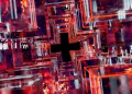Futuristic digital cube arrangement, showcasing vibrant LED-inspired patterns and circuitry.