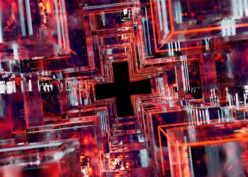Futuristic digital cube arrangement, showcasing vibrant LED-inspired patterns and circuitry.