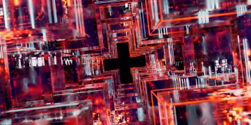 Futuristic digital cube arrangement, showcasing vibrant LED-inspired patterns and circuitry.