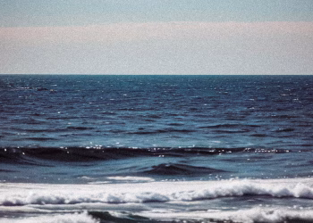 Peaceful view of ocean waves gently crashing under clear skies, evoking calm and serenity.