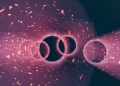 A mesmerizing abstract digital render of a tunnel with pink particle effects and circular forms.