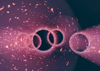 A mesmerizing abstract digital render of a tunnel with pink particle effects and circular forms.