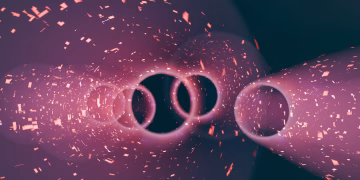 A mesmerizing abstract digital render of a tunnel with pink particle effects and circular forms.