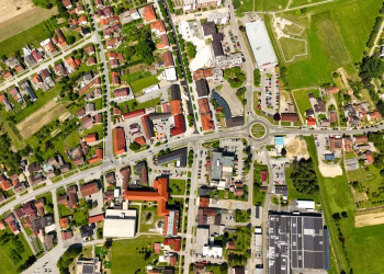 Aerial view of Garešnica, showcasing urban layout and greenery in Croatia.