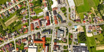 Aerial view of Garešnica, showcasing urban layout and greenery in Croatia.