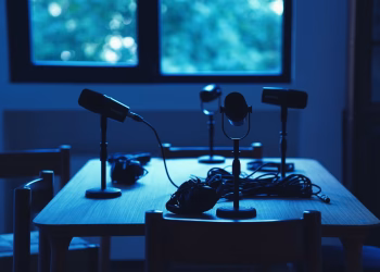 Dimly lit podcast studio with microphones and headphones on a table.