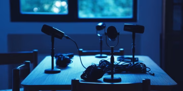 Dimly lit podcast studio with microphones and headphones on a table.