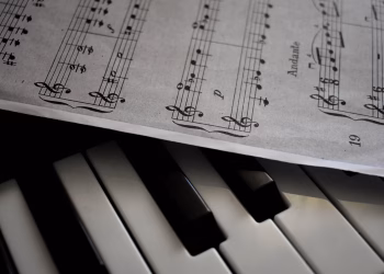 A detailed view of piano keys alongside a sheet of musical notation, emphasizing harmony.