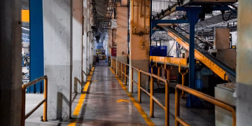 Wide view of a modern factory interior showcasing industrial machinery and conveyor systems.