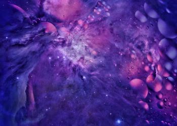 Explore a purple-hued abstract cosmic scene with floating shapes and bubbles.