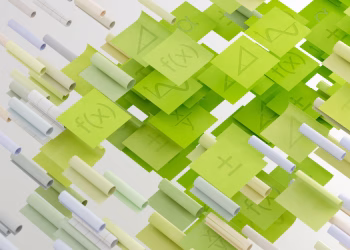 Dynamic abstract image with mathematical symbols on floating papers, vibrant and conceptual.