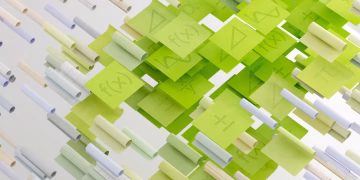 Dynamic abstract image with mathematical symbols on floating papers, vibrant and conceptual.