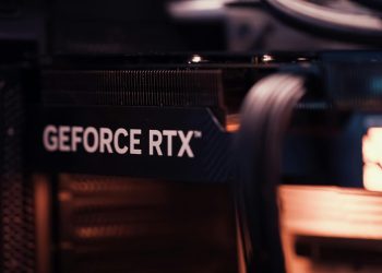 Detailed view of a GeForce RTX graphics card, highlighting modern technology.