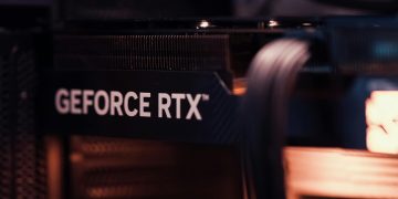 Detailed view of a GeForce RTX graphics card, highlighting modern technology.