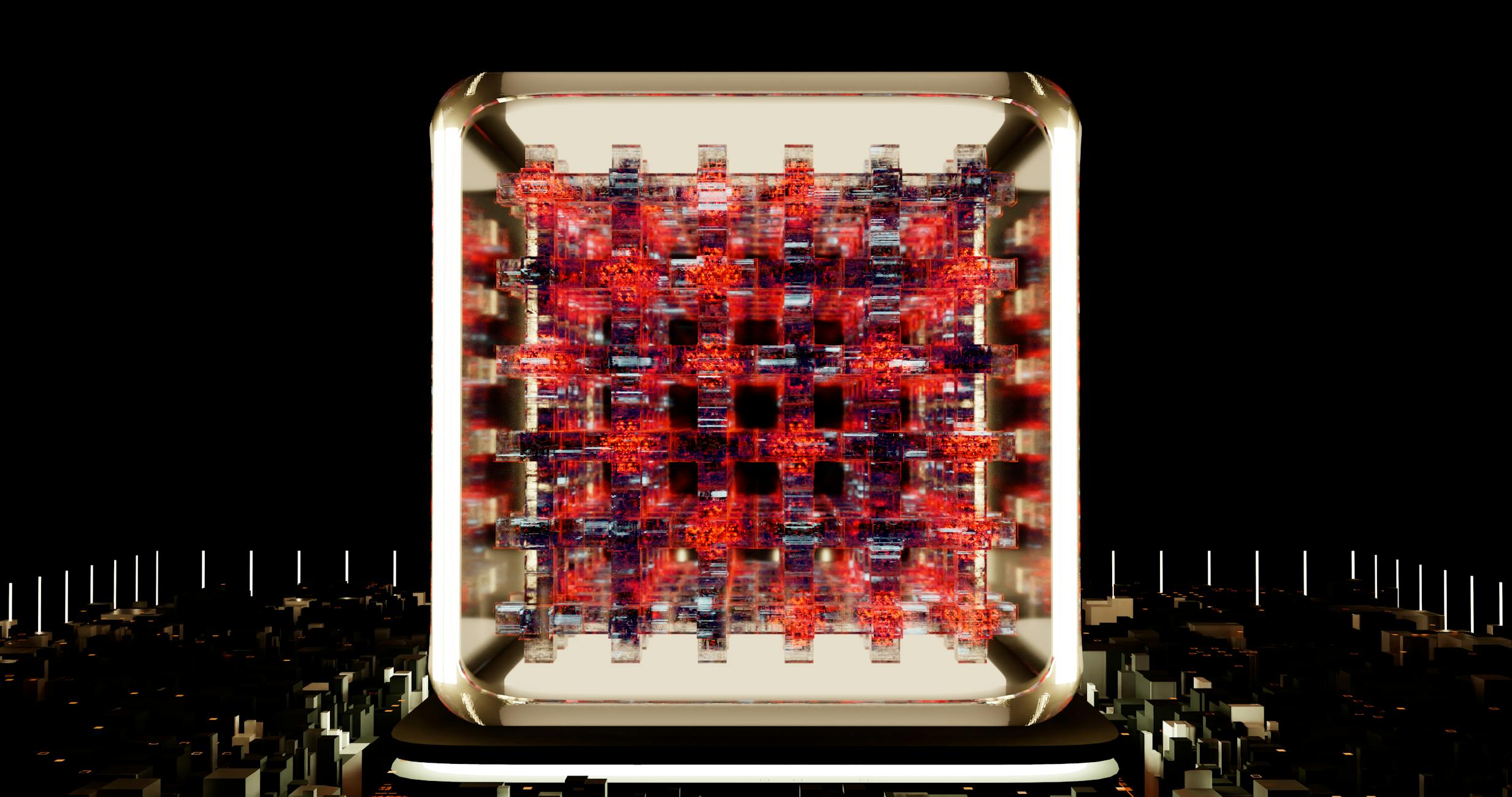 A captivating 3D illustration of a futuristic digital grid with glowing red and black elements.