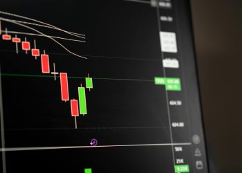 Candlestick chart showing a downward trend in the stock market analysis.