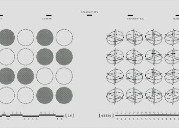 Visual representation of geometric calculations comparing bits and qubits in black and white.