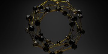 3D abstract geometric structure with gold lines and black polygons on a dark background.