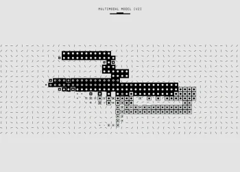 Black and white abstract representation of a multimodal model version two, featuring geometric patterns and lines.