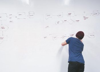 Man in beanie brainstorming and writing flowchart on office whiteboard, planning ideas.