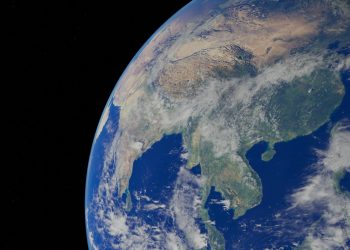 A breathtaking satellite view of Earth highlighting Asia with clear oceans.
