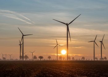 Beautiful sunset scene with wind turbines in Koningsbosch, Limburg, Netherlands.