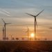 Beautiful sunset scene with wind turbines in Koningsbosch, Limburg, Netherlands.