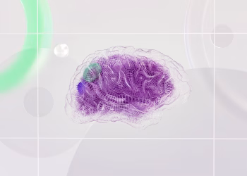 3D rendered abstract design featuring a digital brain visual with vibrant colors.