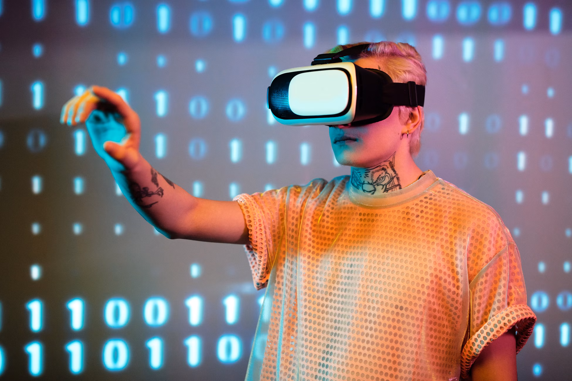 A person experiences virtual reality with a headset against a background of binary code.