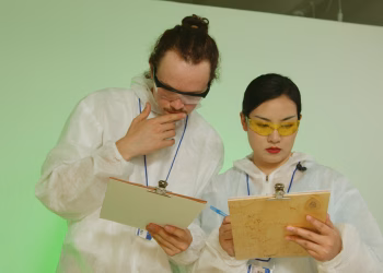 Two researchers in laboratory attire reviewing experiment data on clipboards.