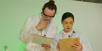 Two researchers in laboratory attire reviewing experiment data on clipboards.