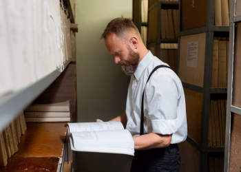 Bearded man in suspenders examining large book in archive room with wooden shelves.