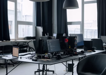 Contemporary workspace featuring computers, coding screens, and office essentials in a tech environment.