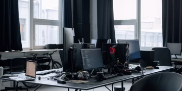Contemporary workspace featuring computers, coding screens, and office essentials in a tech environment.