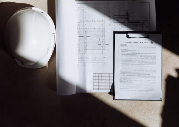 Top view of construction documents and hard hat in sunlight, capturing planning essence.