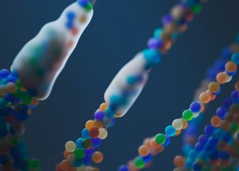 Close-up of a colorful abstract representation of DNA strands, illustrating science and genetics.