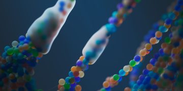 Close-up of a colorful abstract representation of DNA strands, illustrating science and genetics.