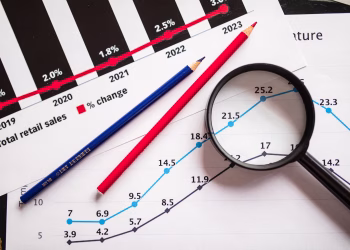 Magnifying glass and colored pencils on financial trend graphs highlighting sales growth.