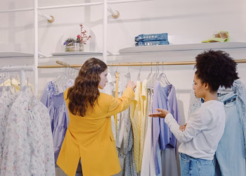 Two women browsing clothing in a stylish boutique, exploring various fashion options.
