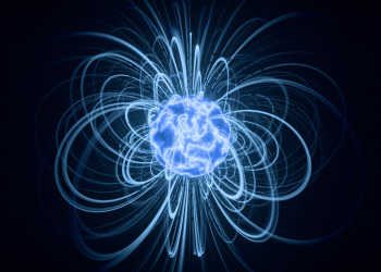 Abstract visualization of blue magnetic field lines surrounding a glowing sphere.