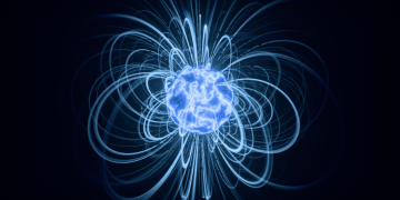 Abstract visualization of blue magnetic field lines surrounding a glowing sphere.