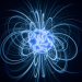 Abstract visualization of blue magnetic field lines surrounding a glowing sphere.