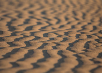 Close-up of rippled sand patterns in the desert during sunset, highlighting natural textures.