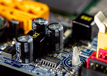 Detailed view of electronic components on a circuit board for computer technology.