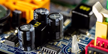 Detailed view of electronic components on a circuit board for computer technology.