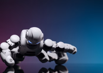 A close-up of a futuristic white robot performing a push-up on a glossy surface against a gradient backdrop.